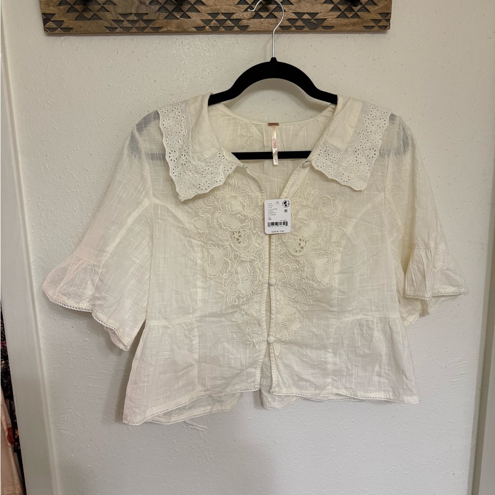Free People Embroidered Eyelet Button-Front Top | Size XL | NWT